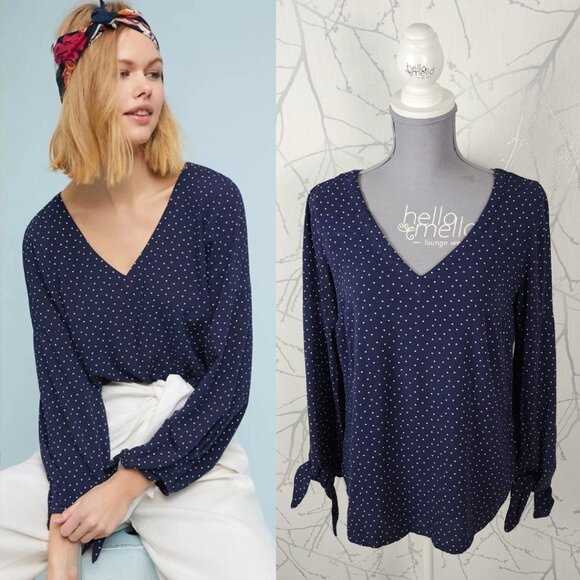 Maeve Navy Polkadot Tie Wrist Rita V-Neck Blouse - Picture 1 of 8